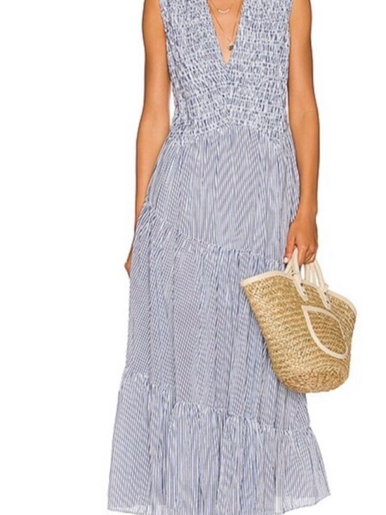 Free People Dresses & Skirts - Free People Juno Blue and White Striped Smocked V-Neck Maxi Dress - Size Medium